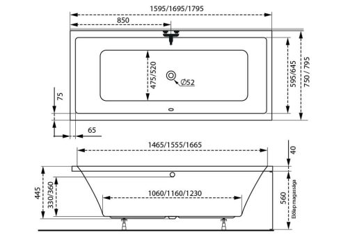 M-acryl Sabina egyenes akril kád - 160x75 cm - 170 L - többféle méret